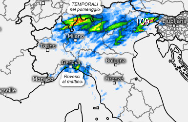 sommatoria delle precipitazioni al nord attese nella giornata di mercoledi 19 agosto, sempre secondo il modello Swiss 4km elaborato su base grafica Meteologix