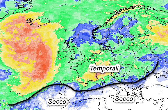 mappa della probabilità di pioggia in Europa valida per mercoledi 26 agosto sempre secondo il modello GFS elaborato su base grafica Meteociel