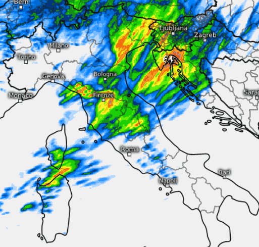 sommatoria delle piogge attese in Italia tra le 14 e le 20 di venerdi 21 agosto sempre secondo il modello Swiss 4x4 elaborato su base grafica Meteologix