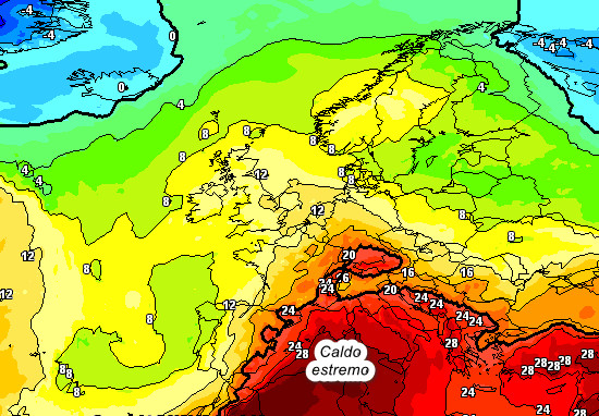 temperature attese a 1500 metri in Europa e sul Mediterraneo nel pomeriggio di giovedi 27 agosto secondo il modello GFS elaborato su base grafica Meteociel