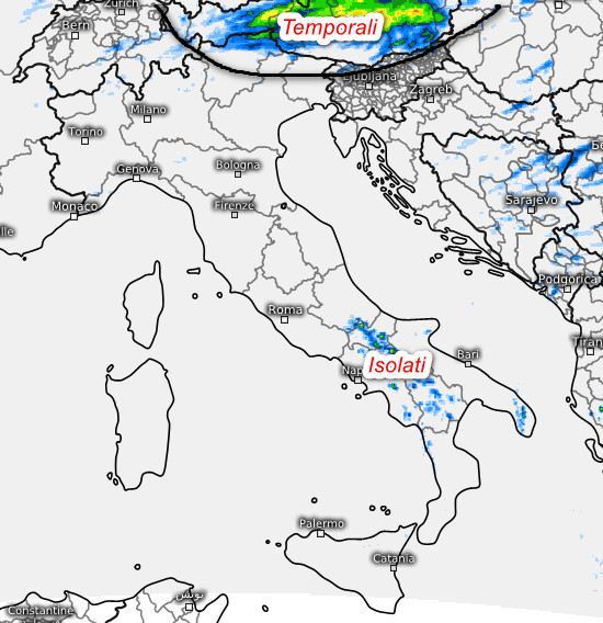 sommatoria del temporali attesi in Italia tra le 15 e le 21 di lunedi 31 agosto secondo il modello Swiss 4km elaborato su base grafica Meteologix