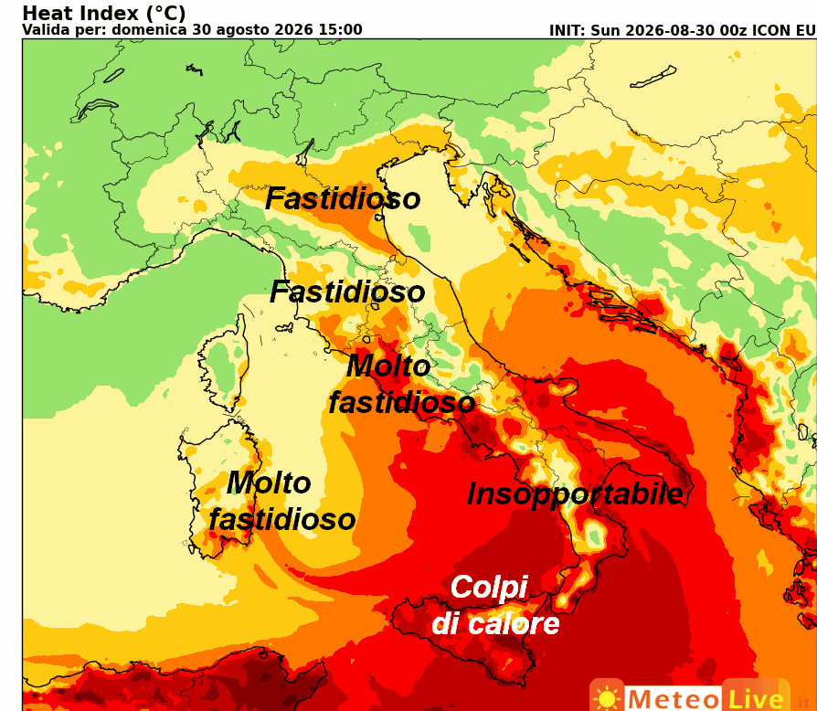 indice di disagio da caldo atteso in Italia alle ore 15 di domenica 30 agosto