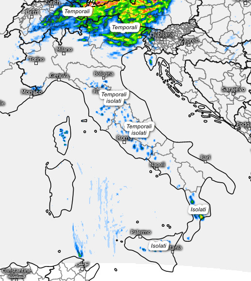 temporali nella giornata di giovedi 6 agosto secondo il modello Swiss 4x4 elaborato su base grafica Meteologix