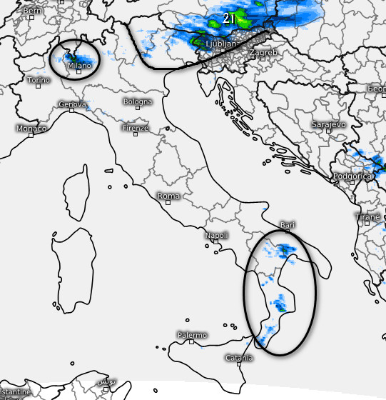 sommatoria delle precipitazioni attese in Italia nell'arco della giornata di mercoledi 2 settembre sempre secondo il modello Swiss 4km elaborato su base grafica Meteologix