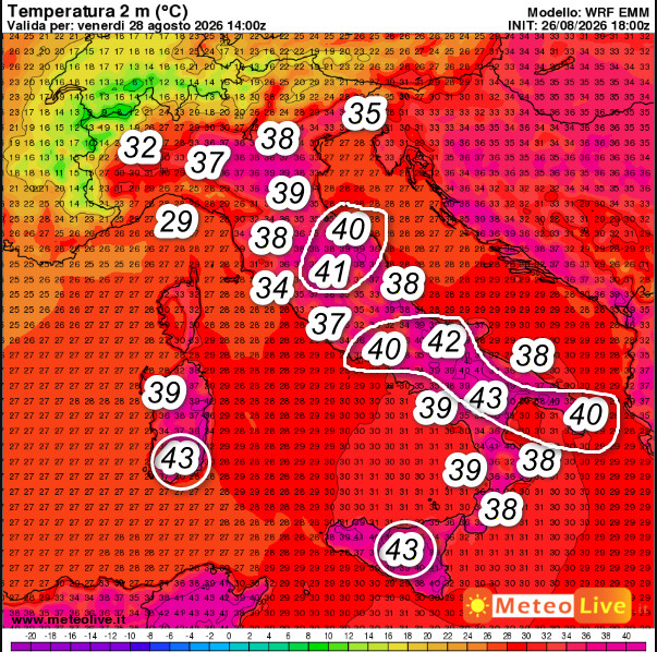 temperature attese in Italia alle ore 15 di venerdi 28 agosto