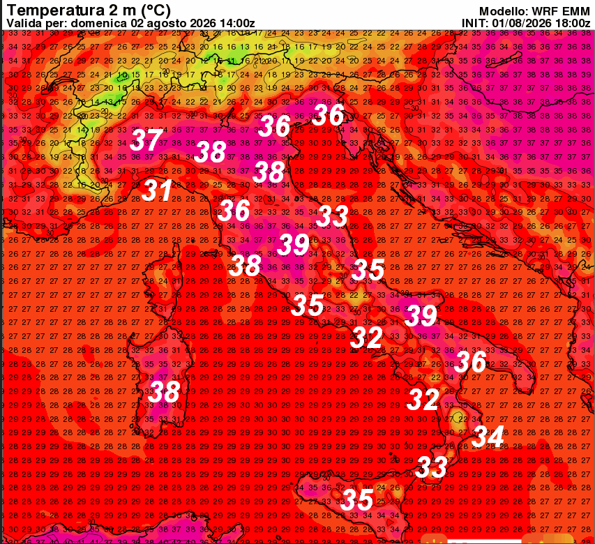 temperature previste in Italia alle ore 16 di domenica 2 agosto