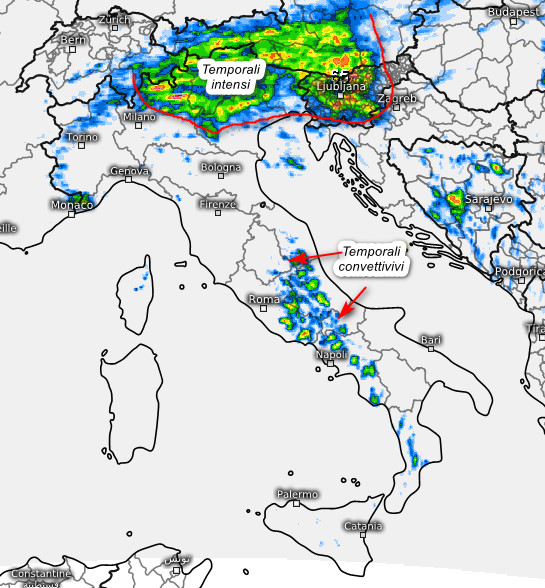 sommatoria delle precipitazioni attese in Italia nell'arco della giornata di venerdi 7 agosto secondo il modello Swiss 4x4 elaborato su base grafica Meteologix