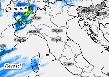 sommatoria delle precipitazioni attese al nord tra le ore 15 e le ore 21 di lunedi 24 agosto secondo il modello SWISS 4KM elaborato su base grafica Meteologix