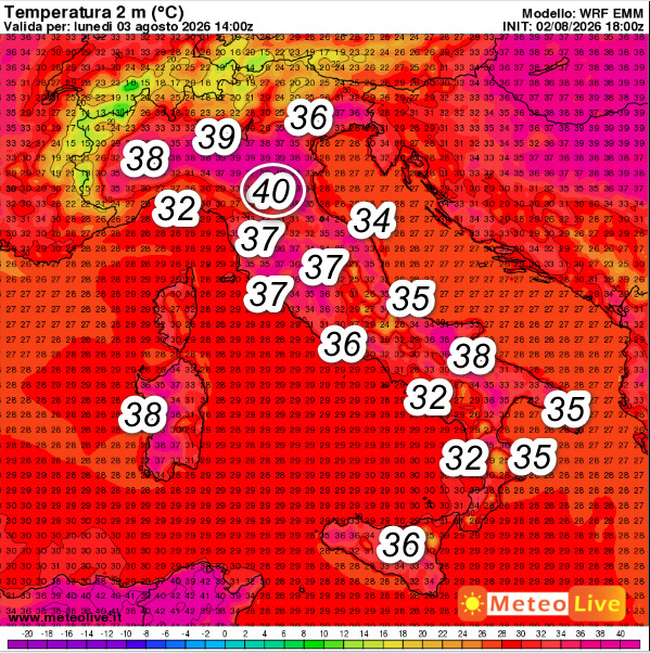 temperature attese in Italia alle ore 16 di lunedi 3 agosto