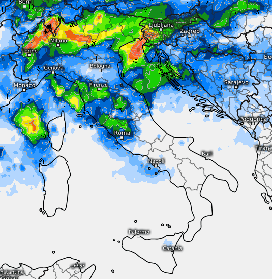 sommatoria delle precipitazioni attese sul nostro Paese nell'arco della giornata di martedì 25 agosto