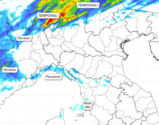sommatoria delle piogge attese al nord tra le 12 di venerdì 28 e le 00 su sabato 29 agosto sempre secondo il modello Moloch elaborato su base grafica Lamma