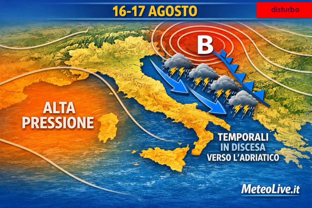 Mappa prevista da MeteoLive.it per il 16-17 agosto quando potrebbero intervenire temporali lungo l'Adriatico.