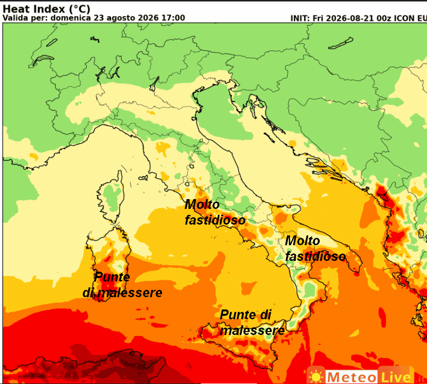 l'INDICE di DISAGIO da CALDO atteso in Italia alle ore 17 di domenica 23 agosto