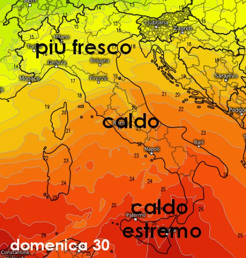 Mappa termica a 1500m tratta dal modello GFS su base grafica Meteologix per l'alba di domenica 30 agosto: