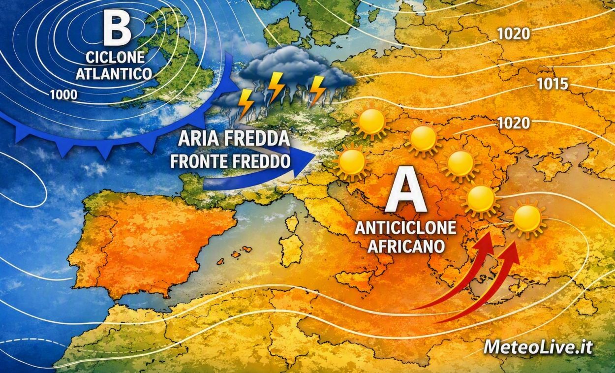 Mappa barica di MeteoLive.it per il 16 agosto, con i temporali che proveranno a sfondare da nord-ovest.