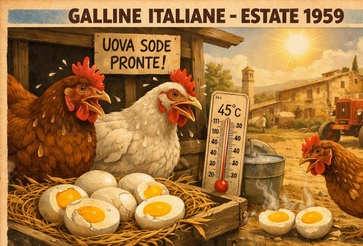 Estate 1959: 40°C, “fa così caldo che le galline fanno le uova già sode” (video) Le galline fanno le uova già sode per il caldo.
