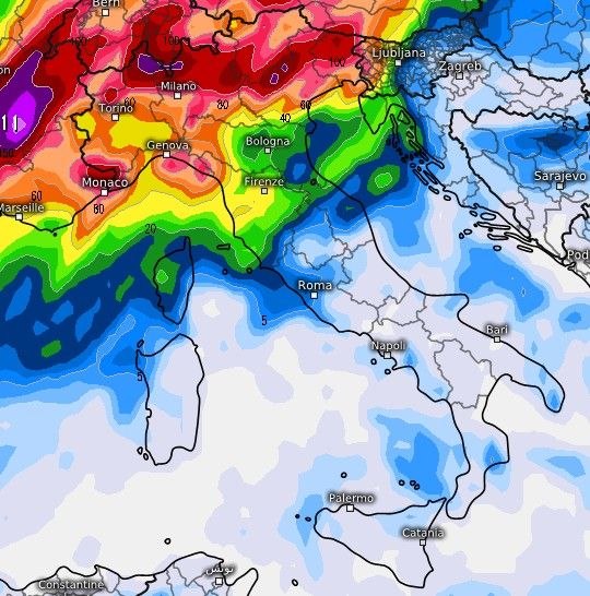 sommatoria delle precipitazioni attese in Italia fino a giovedi 27 agosto secondo il modello GFS elaborato su base grafica Meteologix