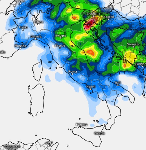 Mappa delle precipitazioni prevista dal modello GFS per gioved&igrave; 3 settembre su base grafica Meteologix.