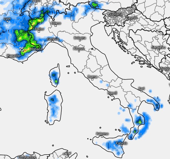 Mappa della sommatoria dei fenomeni attesa dal modello MRF su base grafica Meteologix per Ferragosto