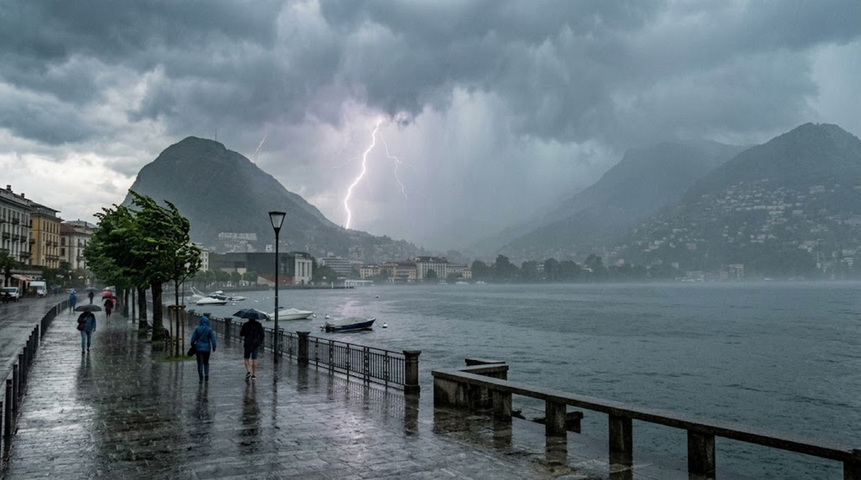 Forte temporale investe Lugano Lugano sotto il temporale.