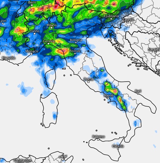 I fenomeni attesi lunedì 17 dal modello GFS su base grafica Meteologix.