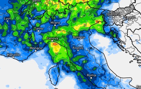 Temporali nella notte tra domenica 16 e lunedì 17 su Liguria e Triveneto secondo il modello ECMWF su base grafica Meteologix.