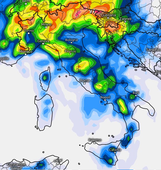 Notate dalla mappa qui sotto relativa alla sommatoria dei fenomeni tra lunedì 17 e martedì 18, l'andamento previsto per sommi capi dal modello GFS su base grafica Meteologix