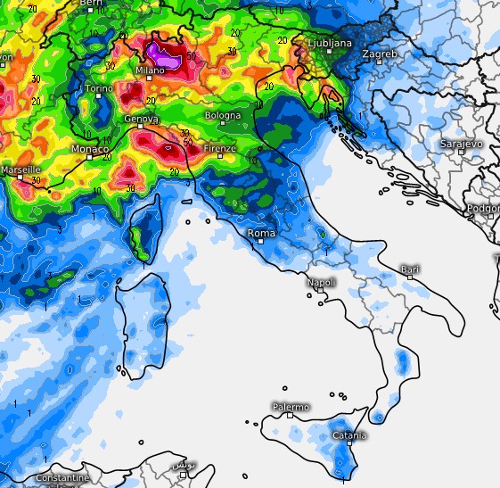 Le precipitazioni attese per il 20-21 agosto secondo il modello ECMWF su base grafica Meteologix.