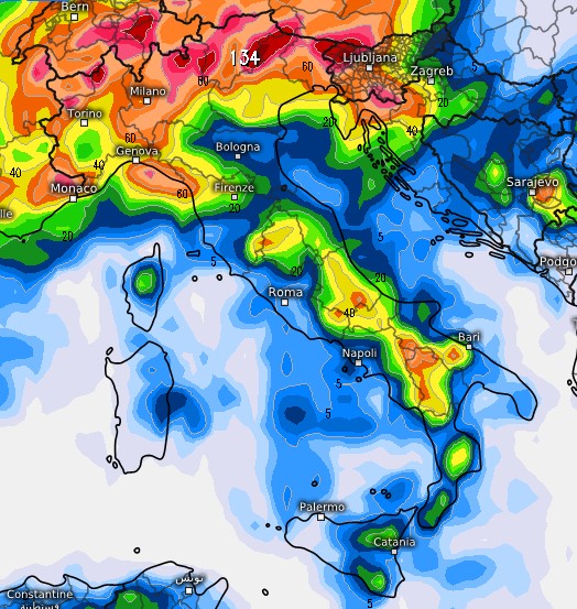 Modello GFS per il 21-22 agosto su base grafica Meteologix, da cui si evince una notevole incidenza dei fenomeni tra Lombardia, Liguria di Levante, alto Veneto e Trentino Alto Adige,