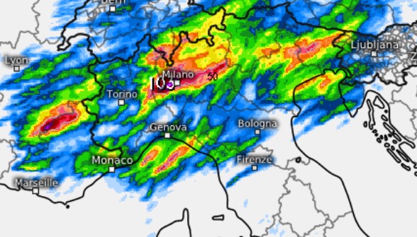 La sommatoria dei fenomeni attesi sino alle 20 di questa sera secondo il modello SUISSE su base grafica Meteologix.