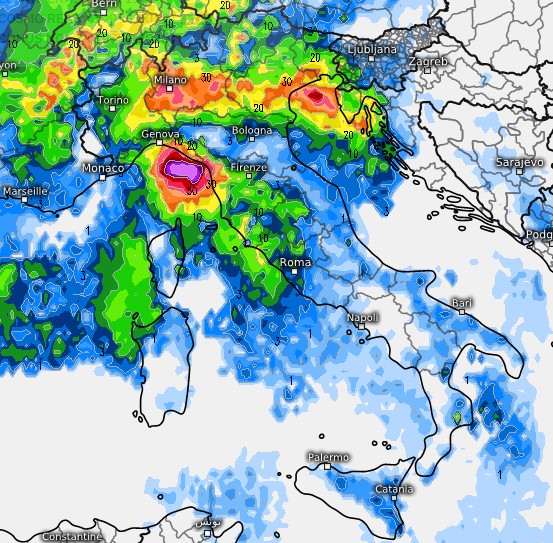 I temporali previsti da ICON per lunedì 17 agosto su base grafica Meteologix.