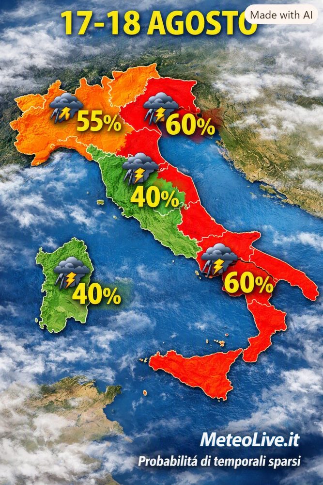 Mappa probabilità di temporali tra lunedì 17 e martedì 18 agosto secondo la rielaborazione di MeteoLive.it