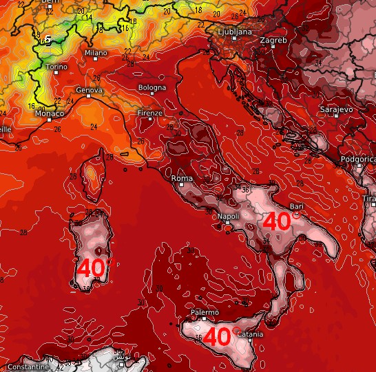 co una mappa termica al suolo prevista dal modello ECMWF su base grafica Meteociel per le ore centrali di lunedì 24 agosto,