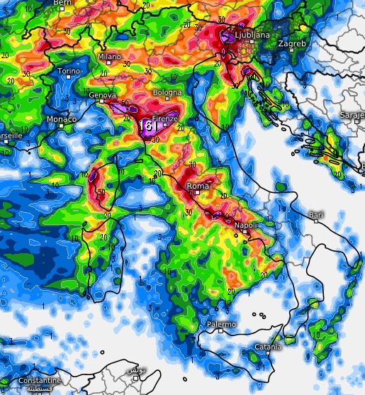 Il forte maltempo previsto al nord e sul Tirreno dal modello MRF su base grafica Meteologix per martedì 18 agosto.