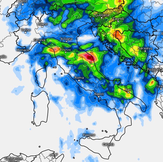 I fenomeni attesi martedì 18 da GFS su base grafica Meteologix.