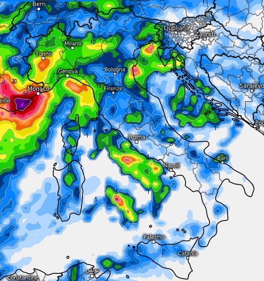 Il maltempo "strozzato" previsto dal modello GEM per martedì 18 su base grafica Meteologix.