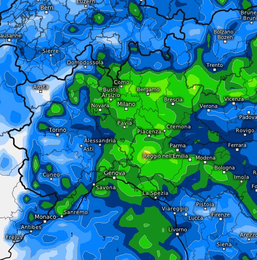 Temporali di martedì 18 secondo il modello ECMWF su base grafica Meteologix.