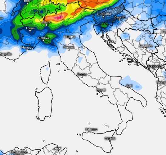 Mappa delle precipitazioni prevista dal modello GFS per mercoled&igrave; 2 settembre su base grafica Meteologix.
