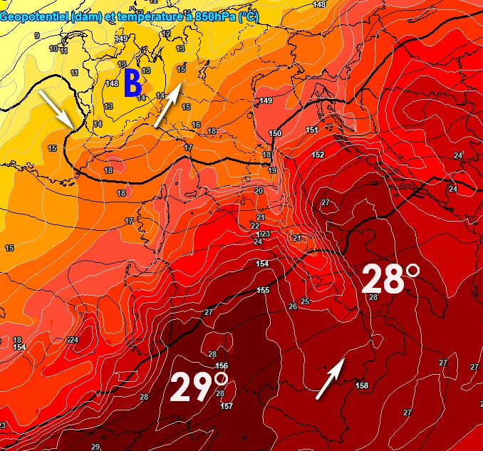 Ecco le temperature impressionanti attese nelle prime ore di martedì 25 sull'Italia a 1500m secondo GFS, su base grafica Meteociel.