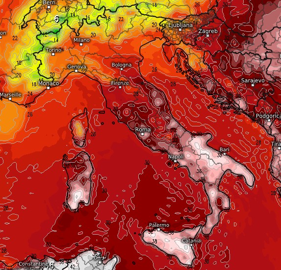 La mappa termica per martedì 25 agosto secondo il modello ECMWF su base grafica Meteologix.