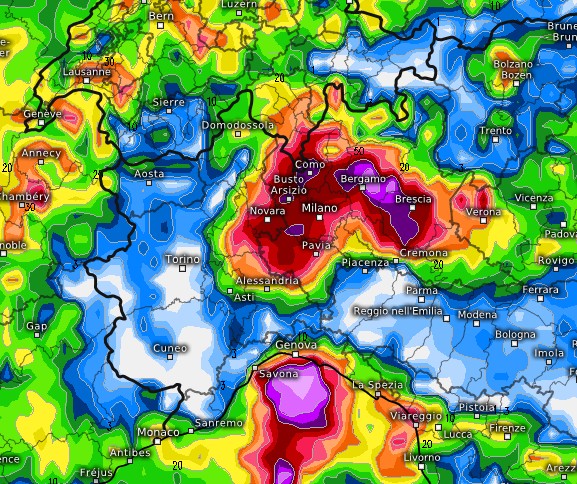 La mappa delle precipitazioni del modello ICON per giovedì 20 agosto al nord-ovest su base grafica Meteologix.