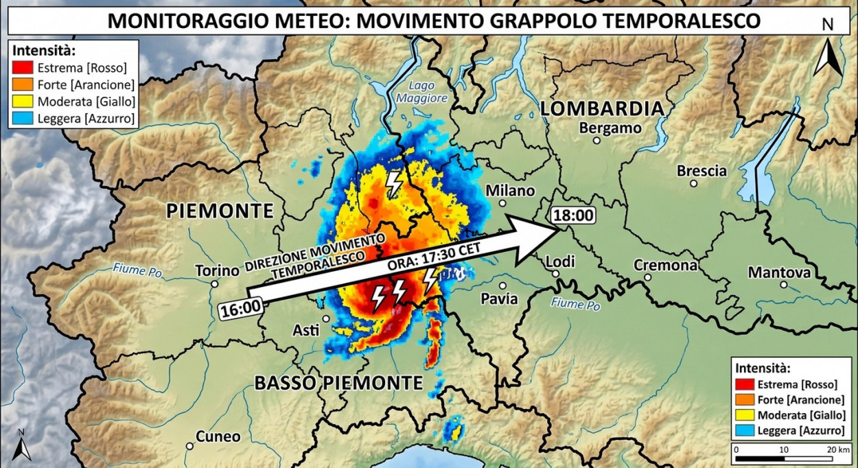 Grappolo temporalesco in viaggio dal basso Piemonte alla Lombardia Stima del passaggio temporalesco rra le 16 e le 17.