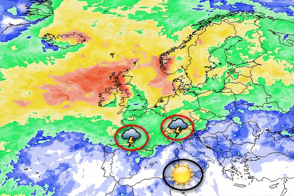probabilit&agrave; di piogge e temporali in Europa valida per giovedi 3 settembre sempre secondo il modello GFS elaborato su base grafica Meteociel