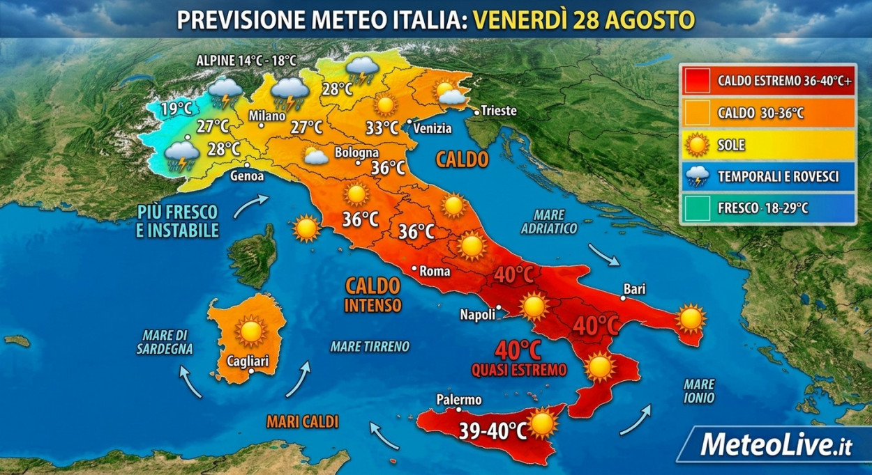 I temporali di venerdì 28 contro il caldo estremo: ecco cosa succederà Previsioni Italia venerdì 28 agosto.