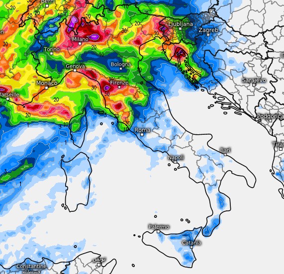 Ecco la sommatoria delle precipitazioni così come le prevede il modello ECMWF tra giovedì 20 e venerdì 21 su base grafica Meteologix