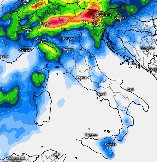 La sommatoria dei fenomeni sempre tra giovedì 20 e venerdì 21 così come la prevede il modello GFS su base grafica Meteologix.