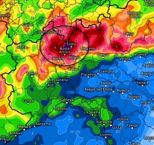 Ecco le precipitazioni impressionanti attese nelle prime ore di martedì 25 sull nord-ovest dell'Italia secondo GFS, su base grafica Meteologix.