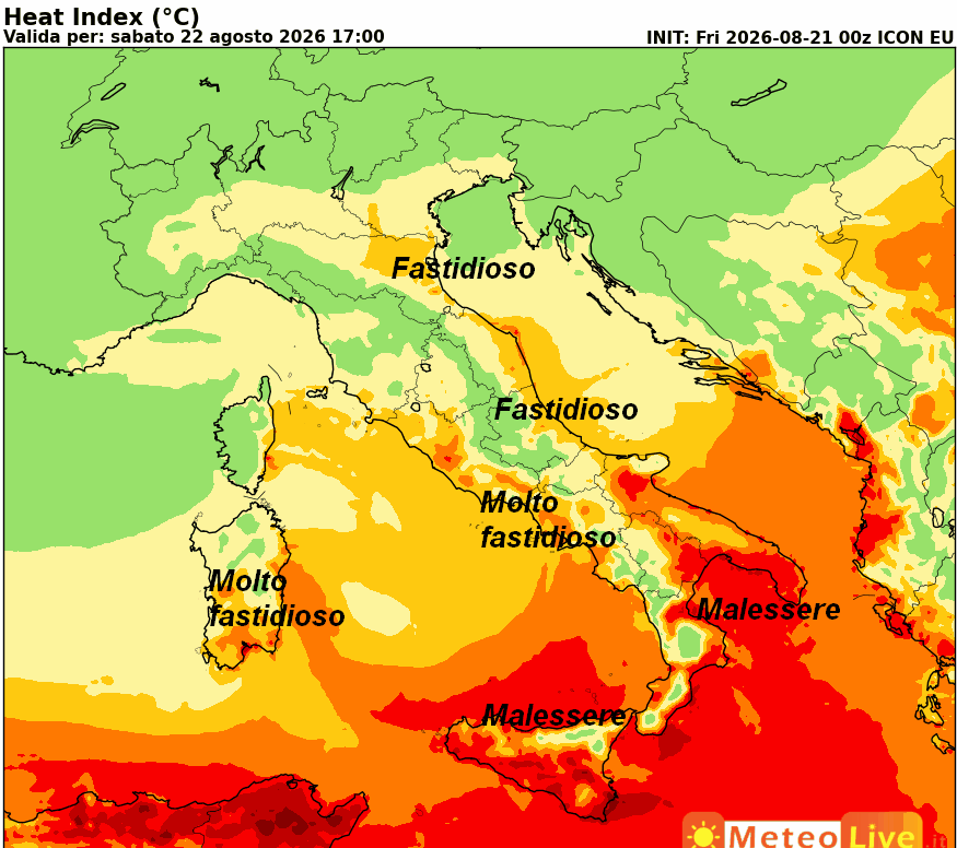 L'INDICE di DISAGIO da CALDO atteso in Italia alle ore 17 di sabato 22 agosto