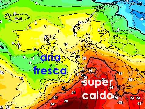 mappa termica a 1500m prevista proprio per la mattinata di venerd&igrave; 28 agosto secondo il modello GFS su base grafica Meteociel