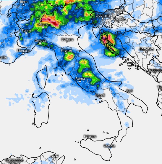 Mappa tratta dal modello ECMWF per le ore centrali di venerd&igrave; 28 agosto su base grafica Meteologix: